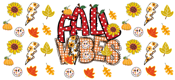 A vibrant, autumn-themed design featuring "FALL VIBES" with pumpkins, sunflowers, colorful leaves, and playful lightning bolts.UV Transfers dtf transfers