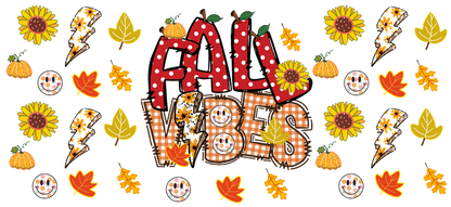 A vibrant, autumn-themed design featuring "FALL VIBES" with pumpkins, sunflowers, colorful leaves, and playful lightning bolts.UV Transfers dtf transfers