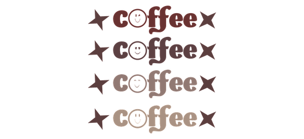 A playful and stylish coffee-themed design featuring the word "coffee" in various fonts and colors, perfect for any coffee lover!UV Transfers dtf transfers