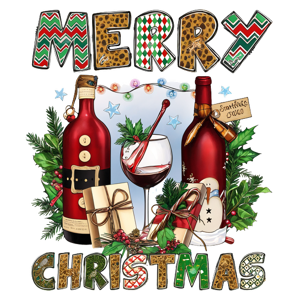 Festively decorated for the holidays, this image features two bottles of wine, a glass, gifts, and vibrant "Merry Christmas" lettering. dtf prints