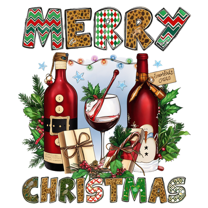 Festively decorated for the holidays, this image features two bottles of wine, a glass, gifts, and vibrant "Merry Christmas" lettering. dtf prints