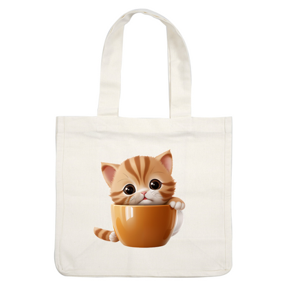 Un lindo gatito de dibujos animados se asoma desde una taza naranja, mostrando sus grandes ojos y su comportamiento juguetón.