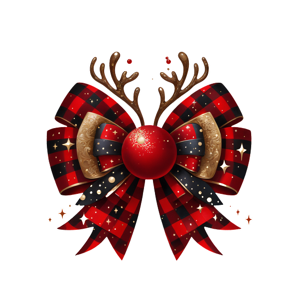 A festive red and black plaid bow adorned with antlers and a shiny ornament, perfect for holiday decorations! dtf transfers