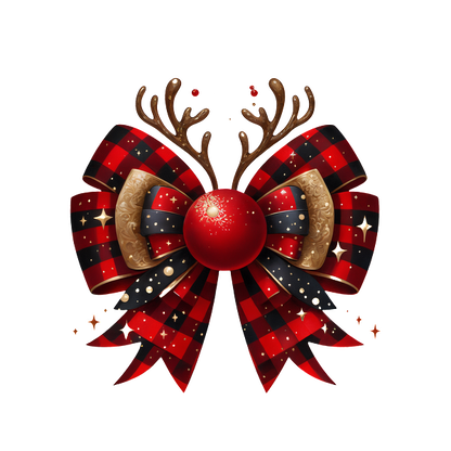 A festive red and black plaid bow adorned with antlers and a shiny ornament, perfect for holiday decorations! dtf transfers