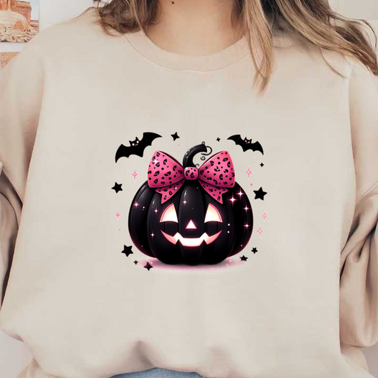 This whimsical black pumpkin features a playful pink leopard print bow and glowing cut-out eyes, perfect for Halloween décor.