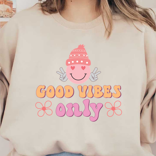 Gráfico alegre que presenta un personaje sonriente con un sombrero rosa con la frase "GOOD VIBES ONLY" (SOLO BUENAS VIBRAS) en letras vibrantes y divertidas.