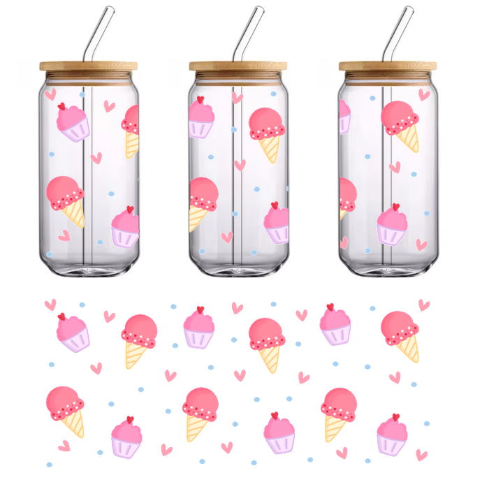 A cute pattern featuring pink ice cream cones and cups, perfect for summer!UV Transfers