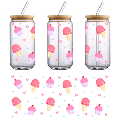 A cute pattern featuring pink ice cream cones and cups, perfect for summer!UV Transfers