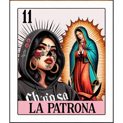 Una ilustración vibrante que presenta a una mujer con un diseño de calavera floral, vistiendo una sudadera con capucha, junto a una imagen de la Virgen María.