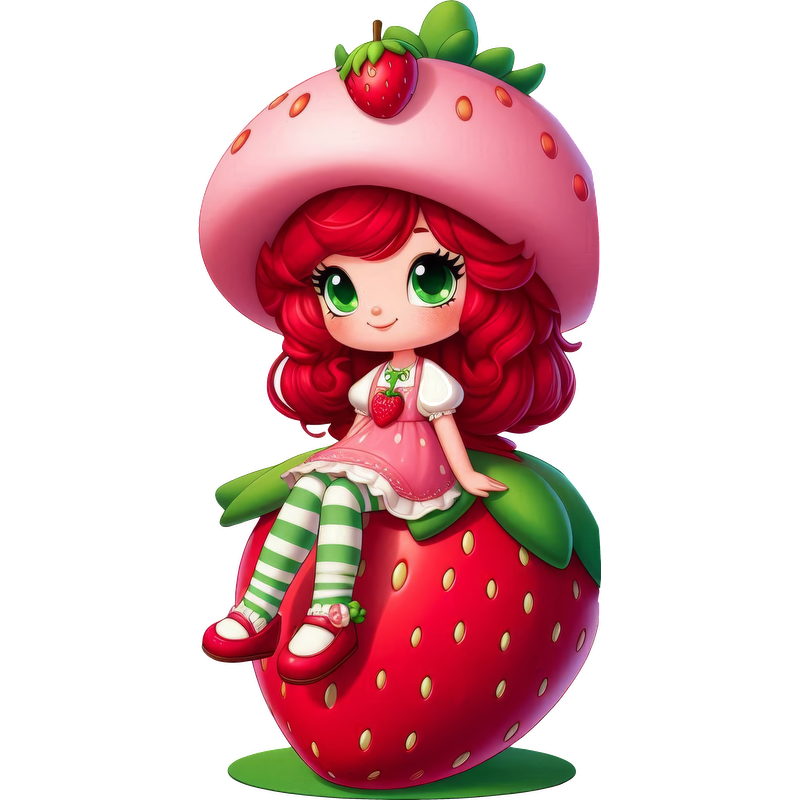 Meet a cute, strawberry-themed character with vibrant red hair, a sweet hat, and adorable striped stockings, sitting on a giant strawberry!DTF Transfers