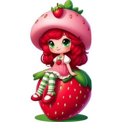 Meet a cute, strawberry-themed character with vibrant red hair, a sweet hat, and adorable striped stockings, sitting on a giant strawberry!DTF Transfers