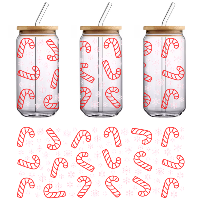 A cheerful pattern featuring red candy canes and white snowflakes, perfect for adding a festive touch to holiday decor.UV Transfersdtf regular iron