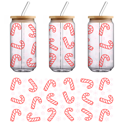 A cheerful pattern featuring red candy canes and white snowflakes, perfect for adding a festive touch to holiday decor.UV Transfersdtf regular iron