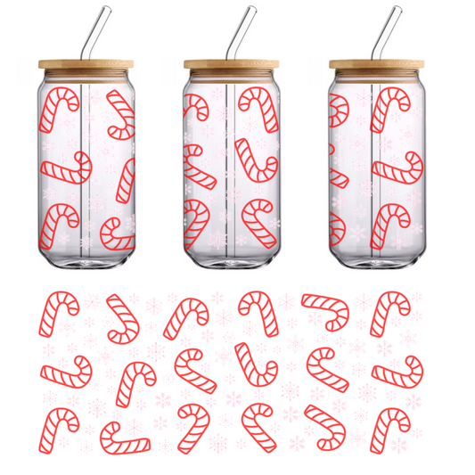 A cheerful pattern featuring red candy canes and white snowflakes, perfect for adding a festive touch to holiday decor.UV Transfersdtf regular iron