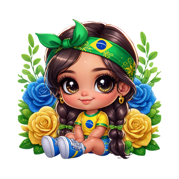 A cute chibi girl wearing a Brazilian flag-themed outfit, surrounded by colorful flowers, exuding a joyful and vibrant spirit.DTF Transfers dtf prints