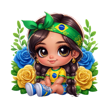 A cute chibi girl wearing a Brazilian flag-themed outfit, surrounded by colorful flowers, exuding a joyful and vibrant spirit.DTF Transfers dtf prints