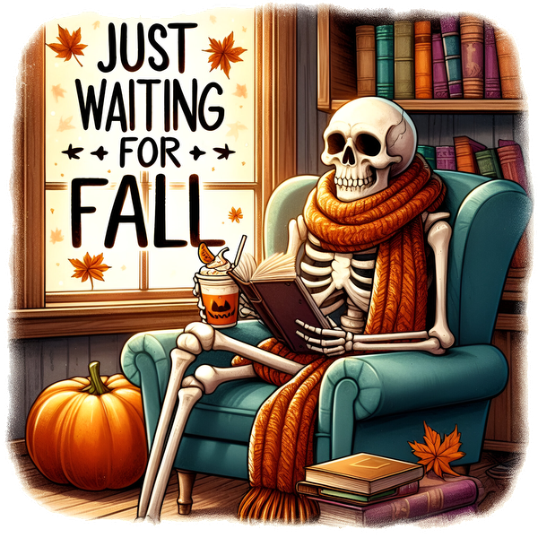 A whimsical skeleton cozies up with a book and a drink, surrounded by autumn decor, eagerly awaiting fall. dtf transfers