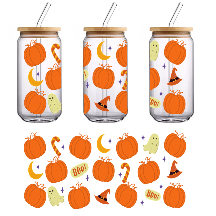 A fun Halloween-themed pattern featuring orange pumpkins, ghosts, candy canes, crescent moons, and playful "Boo!" messages.UV Transfers dtf transfers