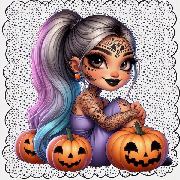 Una encantadora ilustración con temática de Halloween que presenta a una niña con cabello colorido y tatuajes intrincados, rodeada de divertidas linternas de Halloween.