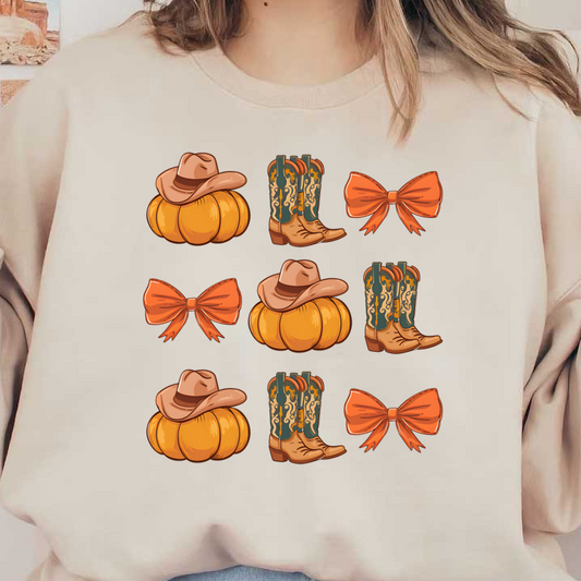 A fun and festive collection featuring cowboy hats, ornate boots, orange pumpkins, and vibrant bows, perfect for autumn celebrations!dtf regular iron