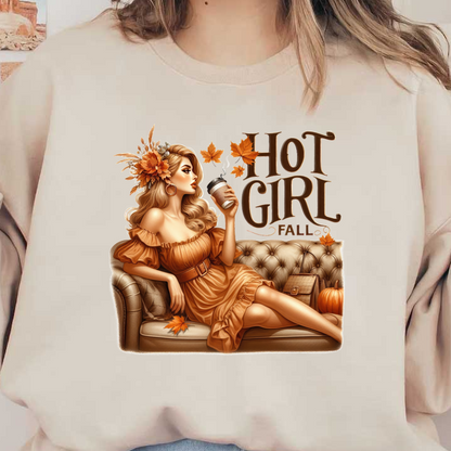 A stylish woman in a cozy fall setting sips coffee, wearing a chic, orange dress adorned with autumn decor. heat press transfers