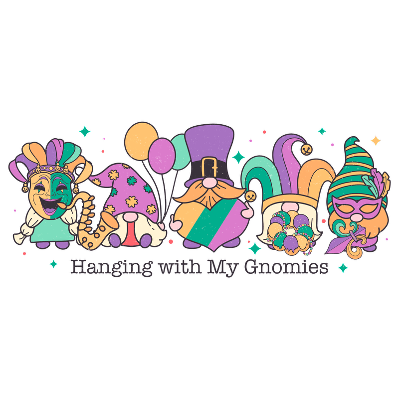 A colorful and whimsical illustration featuring charming gnome characters celebrating with festive masks and balloons, embodying a fun party spirit!DTF Transfers