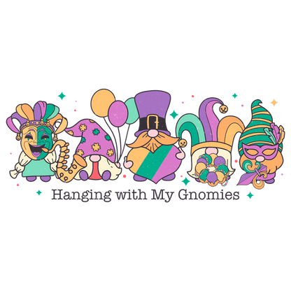 A colorful and whimsical illustration featuring charming gnome characters celebrating with festive masks and balloons, embodying a fun party spirit!DTF Transfers