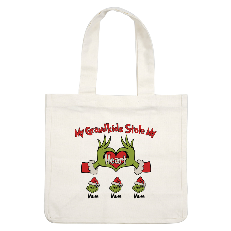 Cheerful design featuring a playful Grinch with the phrase "My Grandkids Stole My Heart" in bold, festive colors.DTF Transfers dtf transfersdtf regular iron