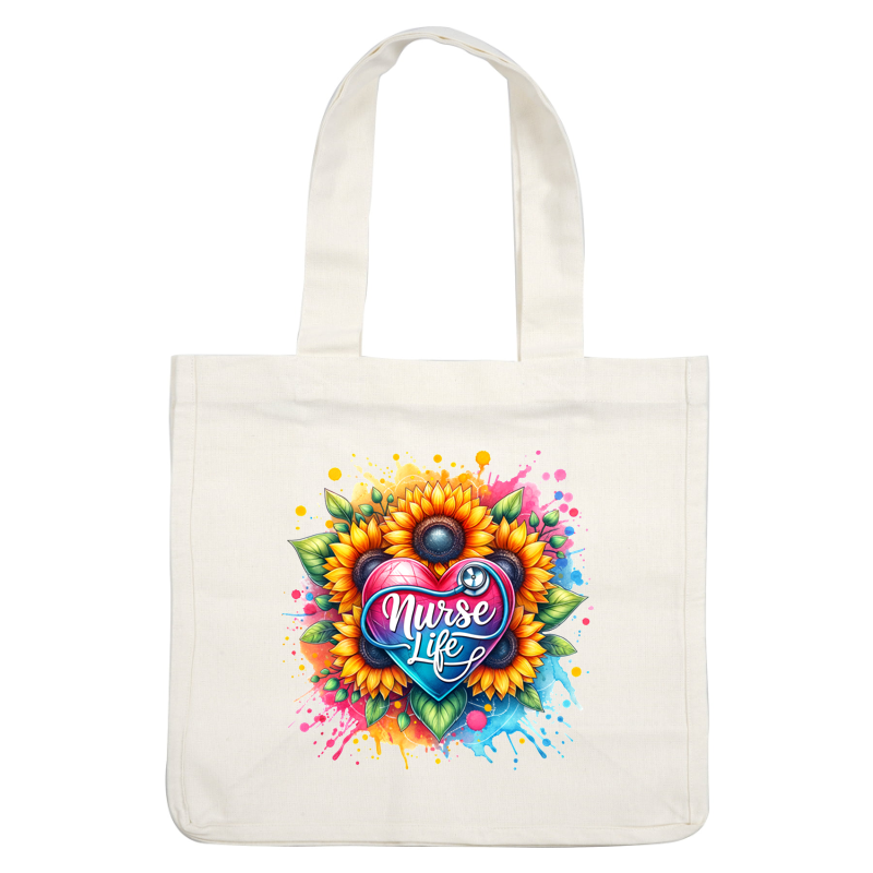 A vibrant design featuring a heart shape with the words "Nurse Life," surrounded by sunflowers and colorful splashes, celebrating nursing.DTF Transfers