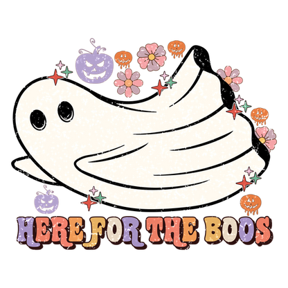 Un fantasma juguetón rodeado de calabazas y flores con la divertida frase "Here for the Boos", ¡perfecto para Halloween!