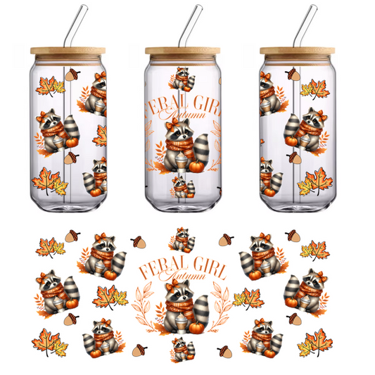 A whimsical fall-themed design featuring adorable raccoons wrapped in cozy scarves, surrounded by colorful leaves and acorns.UV Transfersdtf regular iron