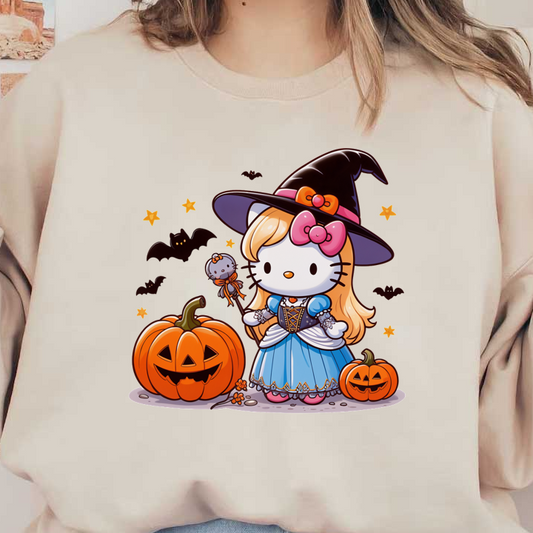 Hello Kitty dressed as a witch in a blue gown, holding a wand, surrounded by carved pumpkins and bats.DTF Transfers heat press transfers