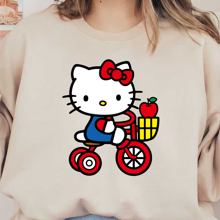 Hello Kitty rides a vibrant red tricycle, wearing a blue dress with a heart, complete with a basket holding an apple.DTF Transfers