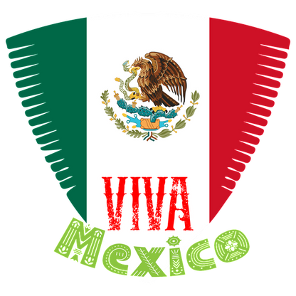 A vibrant design featuring the Mexican flag with an eagle emblem and the phrase "Viva Mexico" in bold, colorful letters. heat press transfers