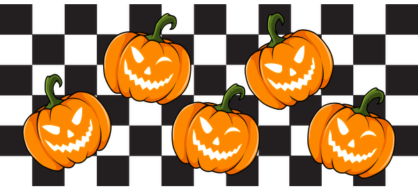 A fun array of cartoon-style orange pumpkins with mischievous, playful faces, perfect for Halloween-themed decorations!UV Transfers heat press transfers