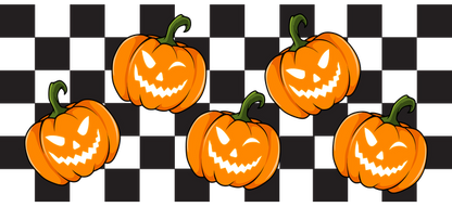 A fun array of cartoon-style orange pumpkins with mischievous, playful faces, perfect for Halloween-themed decorations!UV Transfers heat press transfers