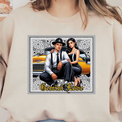 Una elegante pareja posa con un clásico automóvil amarillo, mostrando una mezcla de moda retro y amor bajo el tema "Gemini Love".