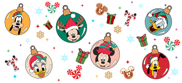 Celebrate the holidays with these festive ornaments featuring beloved Disney characters like Mickey, Minnie, Donald, and Goofy in cheerful attire!UV Transfers dtf prints