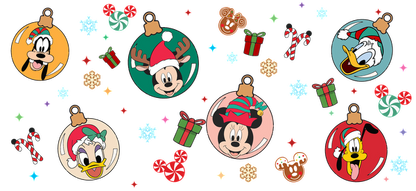 Celebrate the holidays with these festive ornaments featuring beloved Disney characters like Mickey, Minnie, Donald, and Goofy in cheerful attire!UV Transfers dtf prints