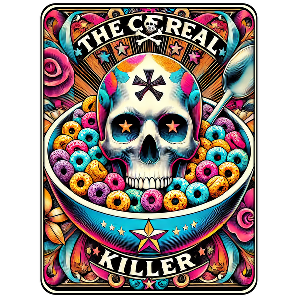 Este gráfico vibrante presenta un tazón de cereal colorido con un llamativo diseño de calavera, titulado "El asesino del cereal".