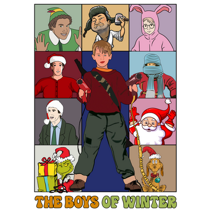 A colorful collage titled "The Boys of Winter" featuring various festive characters and iconic figures in a playful cartoon style.DTF Transfersdtf regular iron heat press transfers