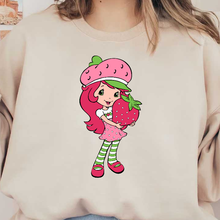 Meet a cheerful character with pink hair wearing a strawberry-themed hat, holding a big strawberry, dressed in colorful attire!DTF Transfers