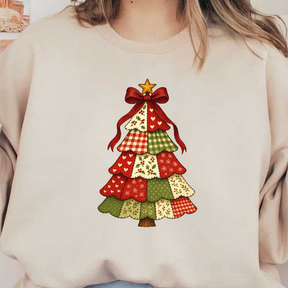 Charming patchwork Christmas tree adorned with a festive star and bow!DTF Transfers
