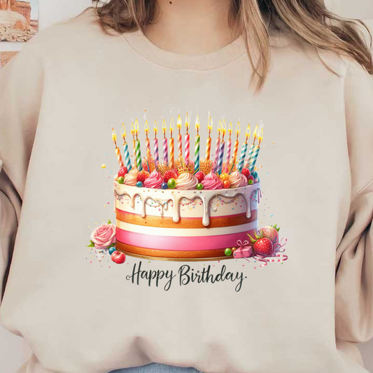 A vibrant, multi-layered birthday cake adorned with colorful candles, sweets, and decorative elements, celebrating with the words "Happy Birthday."DTF Transfers