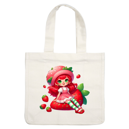 This whimsical illustration features a character with vibrant red hair, wearing a strawberry-themed outfit and sitting on a giant strawberry.DTF Transfers