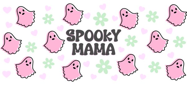 A playful design featuring cute pink ghosts, green flowers, and hearts with the text "Spooky Mama" in the center.UV Transfers dtf transfers