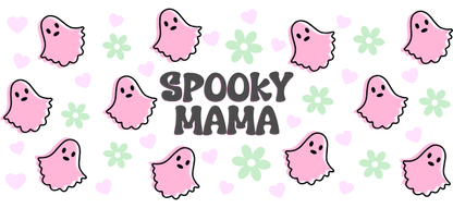 A playful design featuring cute pink ghosts, green flowers, and hearts with the text "Spooky Mama" in the center.UV Transfers dtf transfers