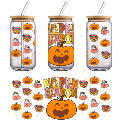 A cheerful graphic celebrating "Pumpkin Season" with playful pumpkins, cozy drinks, and festive treats in vibrant colors.UV Transfers heat press transfers