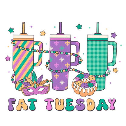 Celebrate Fat Tuesday with colorful drinks, festive beads, a vibrant mask, and a delicious donut, all in a fun design!DTF Transfers