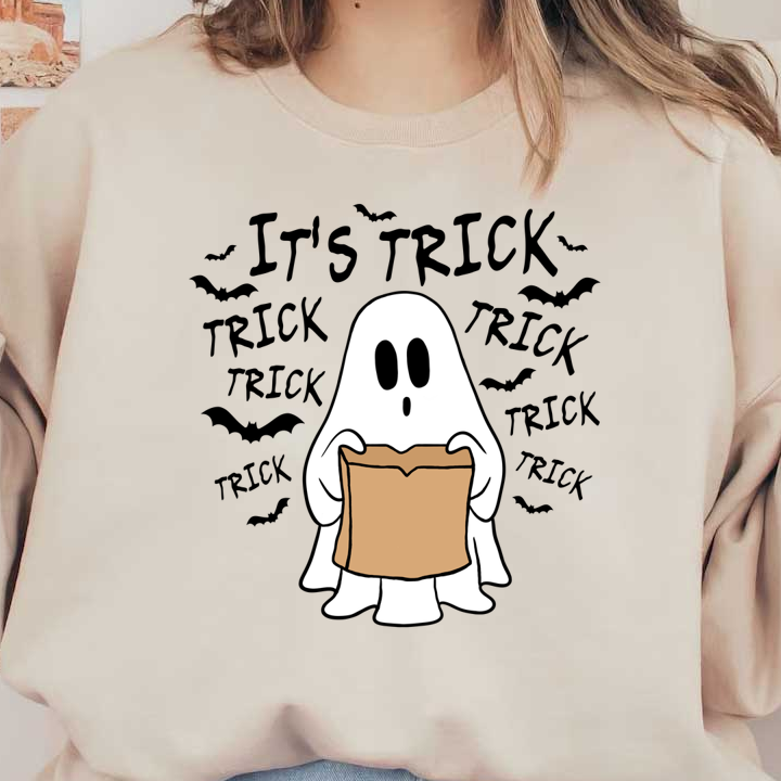 A cute cartoon ghost holding a brown paper bag, set against a black background, perfect for Halloween fun!dtf regular iron